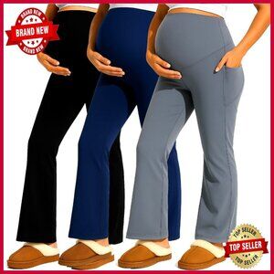 Maternity Flare Leggings with Pockets Over Belly Work Pregnancy Pants